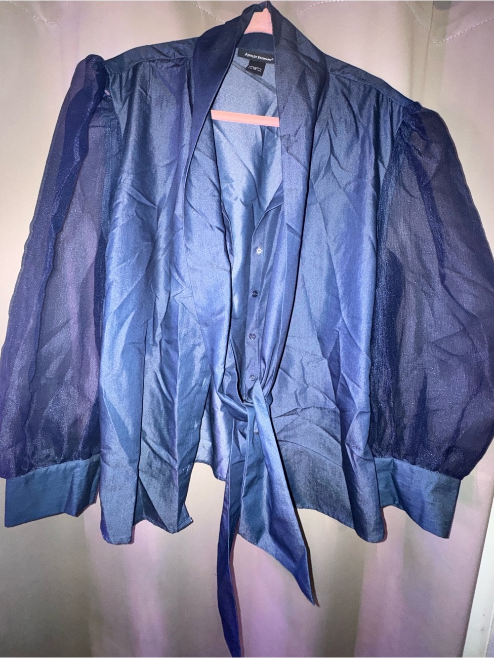 Ashley Stewart Navy Sheer Puff Sleeve Tie-Front Blouse
